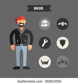 Flat Design Vector Illustration of Biker with Icon Set. Infographic Design Elements