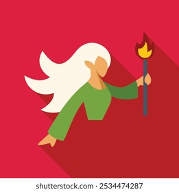 Ilustración vectorial plana del diseño de una mujer rubia que sostiene una antorcha, aislada en un fondo rojo con una sombra larga