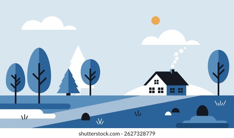 Flat Design Vector Illustration, Blue Nature Landscape