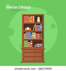 Flat design vector illustration of bookcase with books. element of the interior library or bookstore.
