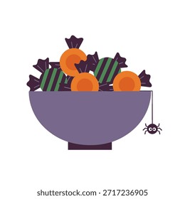 Una Ilustración vectorial de diseño plano de un cuenco de dulces de Halloween con una araña