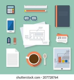 Flat design vector illustration. Business workplace with cup of coffee, digital tablet, smartphone, papers and various office objects on table.