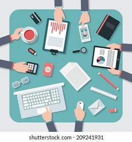 Flat design vector illustration. Business workplace with people hand, cup of coffee, digital tablet, smartphone, papers and various office objects on table.
