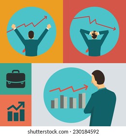 Flat design vector illustration of business concept in stock market with character of businessman.  svg