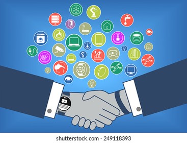 Flat design vector illustration of business transaction in internet of things era. Many icons of devices like smart watch, appliances, smart phones, thermostats, sensors and drones.