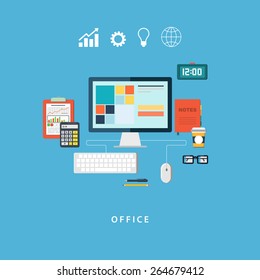 Ilustración vectorial de diseño plano de elementos y elementos de flujo de trabajo empresarial, objetos de oficina y equipo. Aislado sobre un fondo de color elegante.
