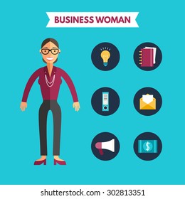 Flat Design Vector Illustration of Business Woman with Icon Set. Infographic Design Elements
