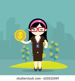 Flat design vector illustration of business woman  hand hold money, concept for making money, investment,financial management on light background 