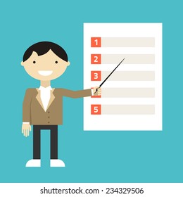 Flat design vector illustration of businessman with presentation poster. Concept for searching business strategy, generating ideas, finding solution