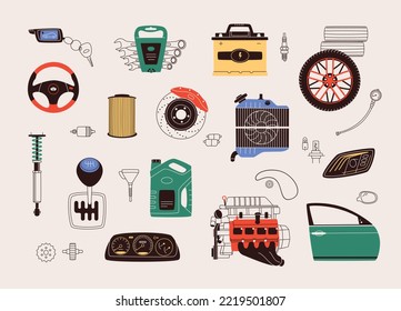 Flat design vector illustration of car parts, spares and accessories. Set includes auto parts such as engine, gearbox, transmission, wheel, battery, brakes, dashboard, filter, tools and radiator.