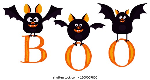 Flat design vector illustration, cartoon cute smilling black bats fly with letters boo in paws isolated on white background. Design element for Happy Halloween card, party decoration, web, application