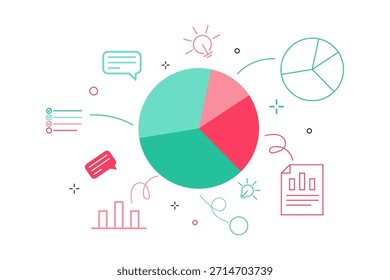 Ilustración vectorial de diseño plano de un gráfico circular central rodeado de Elementos de análisis de negocios como gráficos de barras, listas de verificación, burbujas de voz, bombillas y documentos de informes. Concepto de visualización de datos.