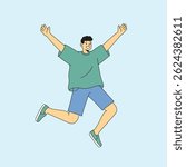 flat design vector illustration, a cheerful man jumping with his hands up, wearing a green shirt, blue shorts, and green sneakers, on a light blue background