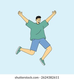 flat design vector illustration, a cheerful man jumping with his hands up, wearing a green shirt, blue shorts, and green sneakers, on a light blue background