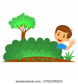  Una Ilustración vectorial de diseño plano de un niño alegre y sonriente que agita detrás de un arbusto verde. Adecuado para materiales educativos, de naturaleza, infantiles, ambientales y de aprendizaje.