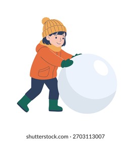 Ein flaches Design, Vektorgrafik eines fröhlichen Kindes, das einen großen Schneeball rollt
