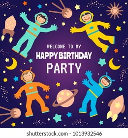 Flat design, vector illustration Child s Rocket Birthday Party. Invitation to a children s space party.
