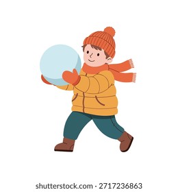 A flat design vector illustration of a child playing with a snowball