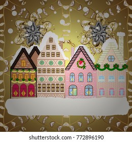 Flat design. Vector illustration. Christmas card Happy Holidays banner. Snowy street. Urban winter landscape.