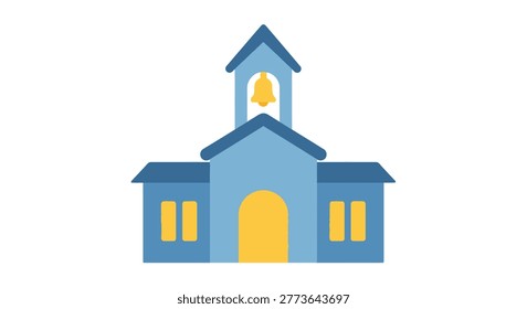 a flat design vector illustration of a church building with a bell tower and yellow accents, isolated on a white
