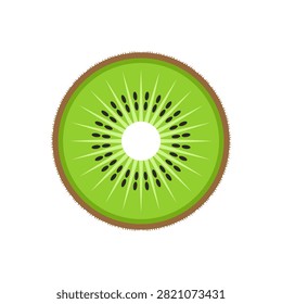 A flat design vector illustration of a circular kiwi fruit slice, featuring vibrant green flesh, black seeds, and brown fuzzy skin, isolated on white.