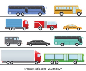 Flat design vector illustration city Transportation Flat Icons. Trucks, Bus, taxi, limo, fire truck, and school bus