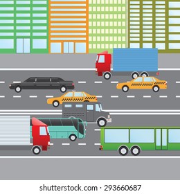 Flat design vector illustration of city traffic, Transportation Flat Icons. Trucks, Bus, taxi, limo, bank truck.