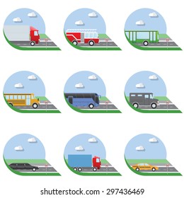 Flat design vector illustration city Transportation Flat Icons. Trucks, Bus, taxi, limo, fire truck, and school bus.