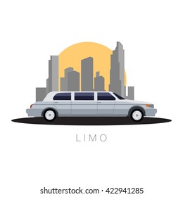 Flat design vector illustration city Transportation, limousine on city background, side view.