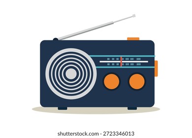 Flat design vector illustration of a classic retro portable radio with orange knobs, ideal for vintage music and media themes.
