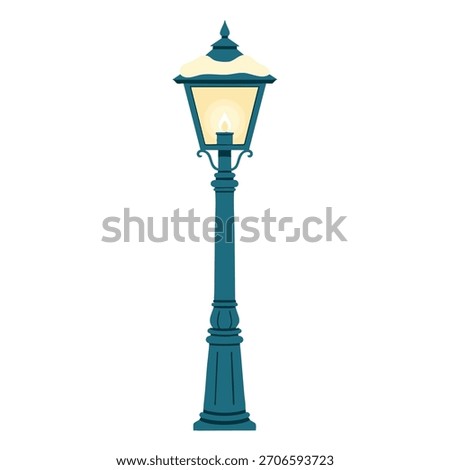 A flat design vector illustration of a classic lamppost, illuminating a winter scene