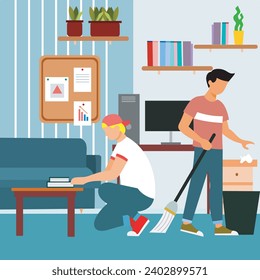 flat design, vector , illustration of cleaning a room with college roommates