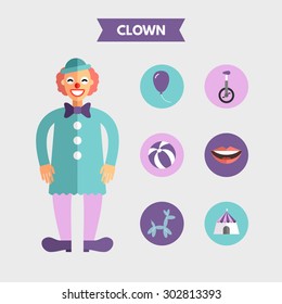 Flat Design Vector Illustration of Clown with Icon Set. Infographic Design Elements