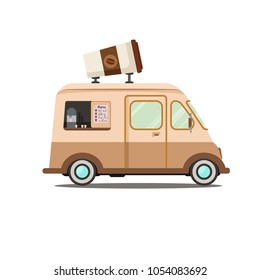 Flat design vector illustration of coffee van. Mobile retro vintage shop truck icon. Side view, isolated.