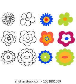 Flat design Vector illustration collection of cartoon type kid art flower heads for icons concepts of green environment or happy