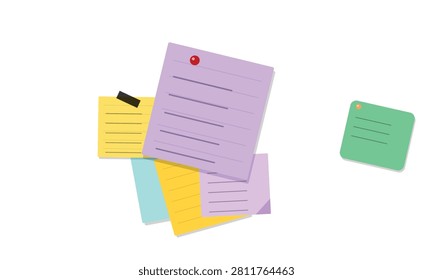 Flat design vector illustration of colorful sticky notes and documents arranged casually.