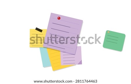 Flat design vector illustration of colorful sticky notes and documents arranged casually.