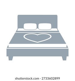 Uma ilustração vetorial de design plano de uma confortável cama de casal com um símbolo de coração no edredom, ideal para temas românticos de hotel ou conceitos de design de interiores. Este gráfico limpo é adequado para uso como um ícone da Web, elemento de interface do usuário do aplicativo móvel ou banner de agência de viagens