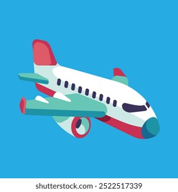 Flat design vector illustration of a commercial airplane in flight on a blue background.