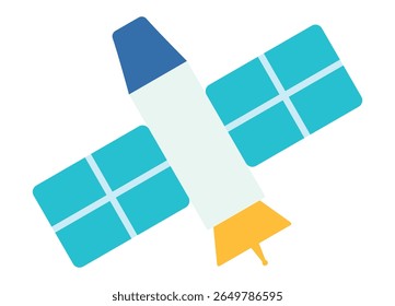 Flat design vector illustration of communication satellite with solar panels and antennae. Clipart image isolated on background.