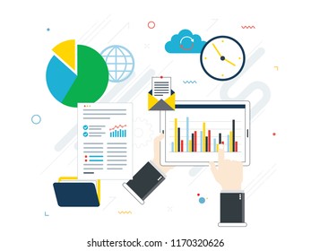 Diseño plano de concepto vectorial de inversión financiera, análisis con informe de crecimiento. Seguridad y datos en la nube. Cálculos y gráficos de ganancias en el mercado de valores y ganancias reales en efectivo. 