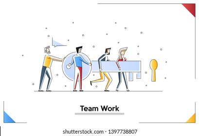 Flat design vector illustration concept of team work. males and female go with a key. Tiny people with a giant key.