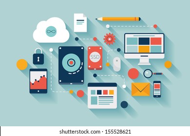 Flat Design Vector Illustration Concept Of Computer And Connected Mobile Devices With Links Of Transmission Information On Various Data Storage And Cloud Computing Service On Stylish Background. 