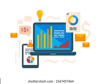Flat design vector illustration concept of financial investment, analytics with growth report. Calculations and graphs of gains on the stock market and real cash earnings.