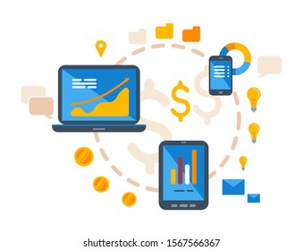 Flat design vector illustration concept of financial investment, analytics with growth report. Calculations and graphs of gains on the stock market and real cash earnings.