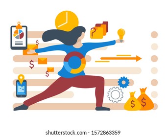 Flat Design Vector Illustration Concept Of Financial Investment, Analytics With Growth Report. Calculations And Graphs Of Gains. Compatibility Of Financial Analytics And Yoga. Yoga As Peace Of Mind.