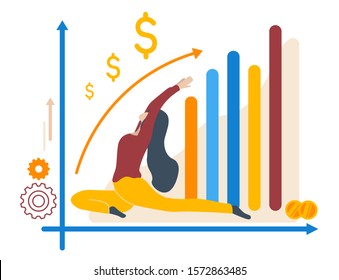 Flat Design Vector Illustration Concept Of Financial Investment, Analytics With Growth Report. Calculations And Graphs Of Gains. Compatibility Of Financial Analytics And Yoga. Yoga As Peace Of Mind.