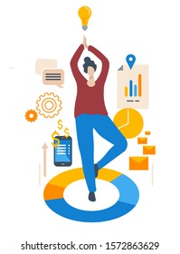 Flat Design Vector Illustration Concept Of Financial Investment, Analytics With Growth Report. Calculations And Graphs Of Gains. Compatibility Of Financial Analytics And Yoga. Yoga As Peace Of Mind.