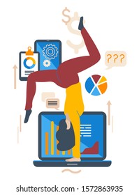 Flat Design Vector Illustration Concept Of Financial Investment, Analytics With Growth Report. Calculations And Graphs Of Gains. Compatibility Of Financial Analytics And Yoga. Yoga As Peace Of Mind.