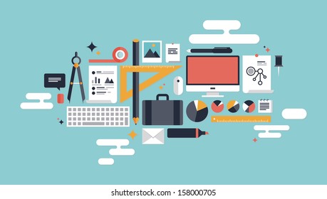 Flat design vector illustration concept icons set of business working elements for development and management of computer technologies. Isolated on stylish color background.